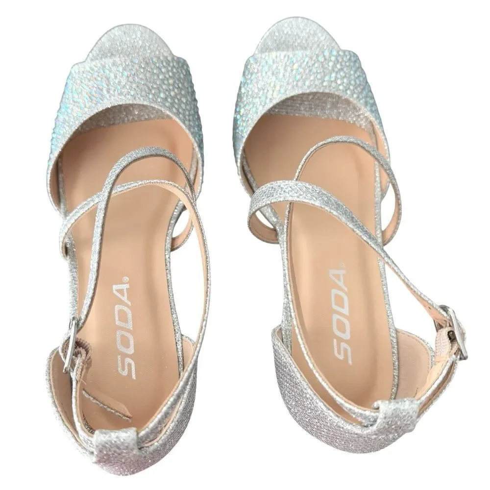 Soda Yuchi Silver Rhinestone Strappy Kitten Heels Girls Size 2